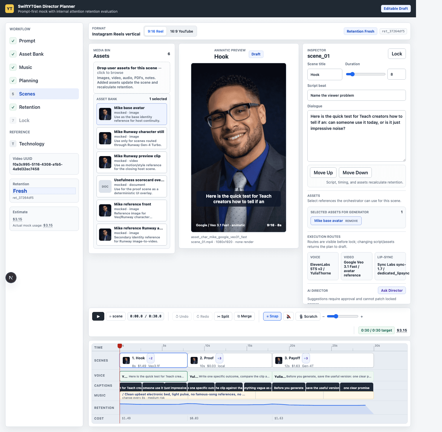 AI Stud director interface: media bin, vertical video preview with an AI character, scene inspector, and multi-lane timeline with retention risk markers